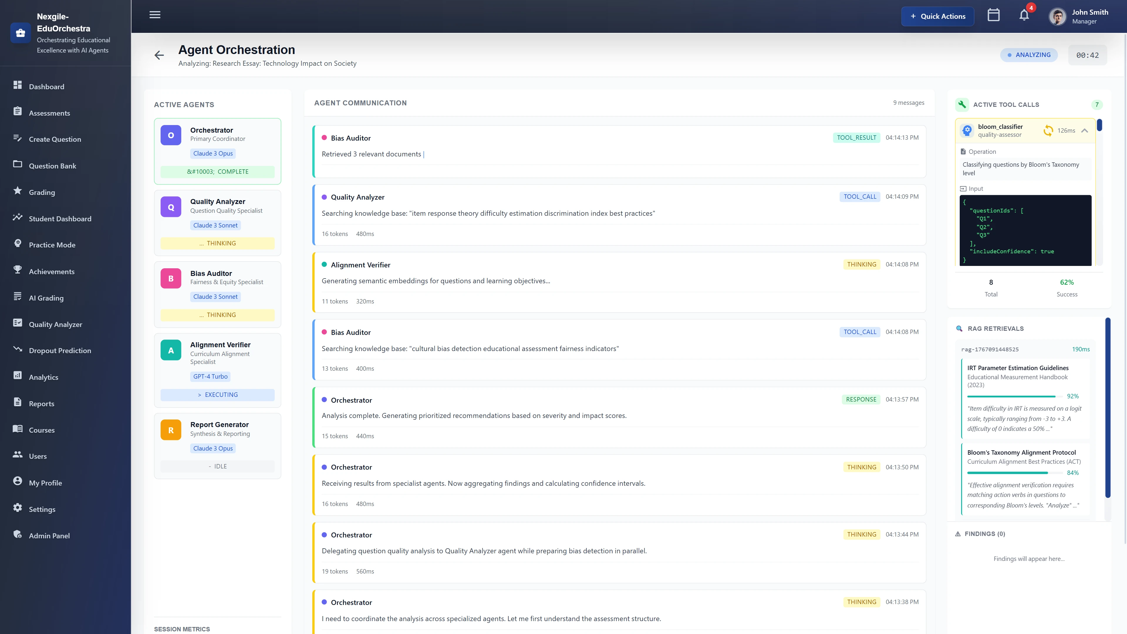 Agent Orchestration - Active agents with status indicators, real-time agent communication logs, tool calls, and RAG retrievals with relevance scores